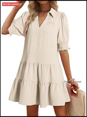 Lapel Collared V Neck Mid Sleeved Pleated Summer Midi Dress
